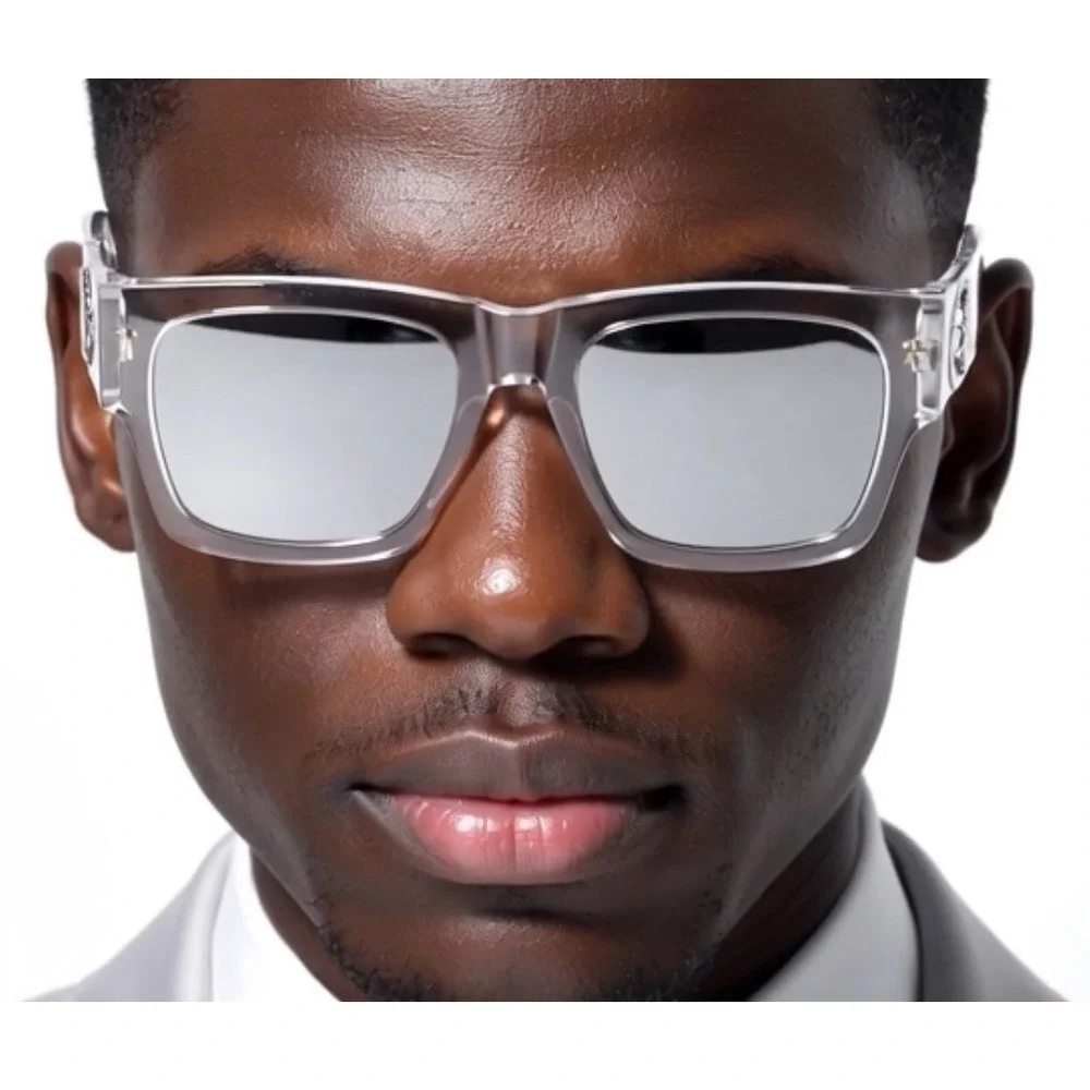 Clear Frame Square Sunglasses Silver Mirrored Lenses Mens Summer Style Luxury‎